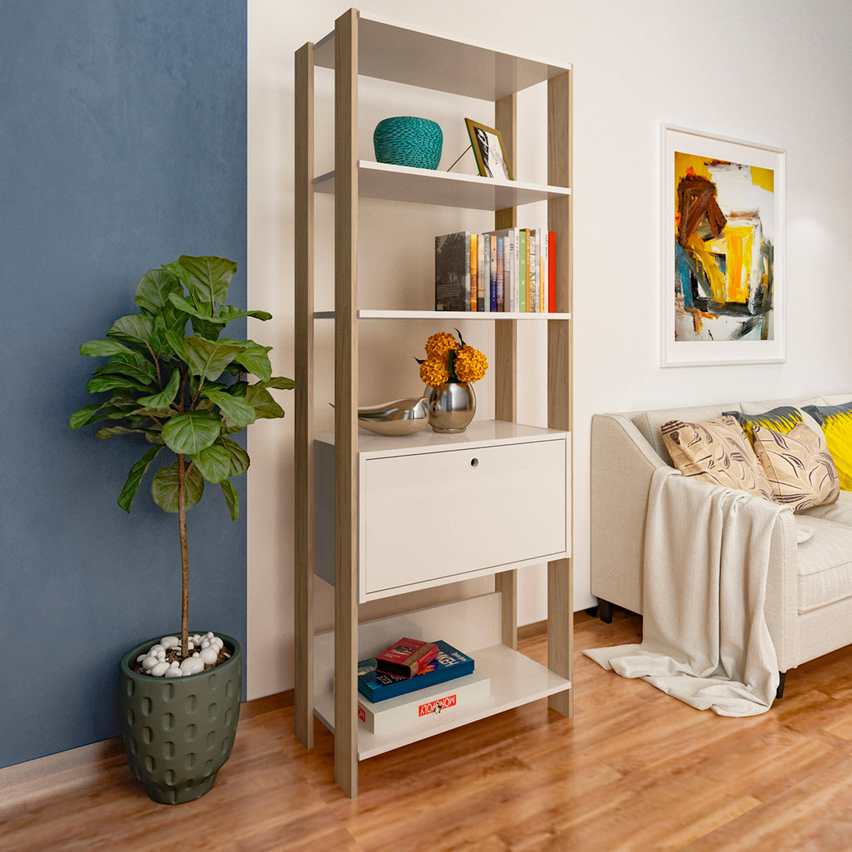 Estantería Rectangular Match Roble y Off White 63x166cm Con Cinco Entrepaños - BIBLIOTECAS Y ESTANTERIAS | Bylmo