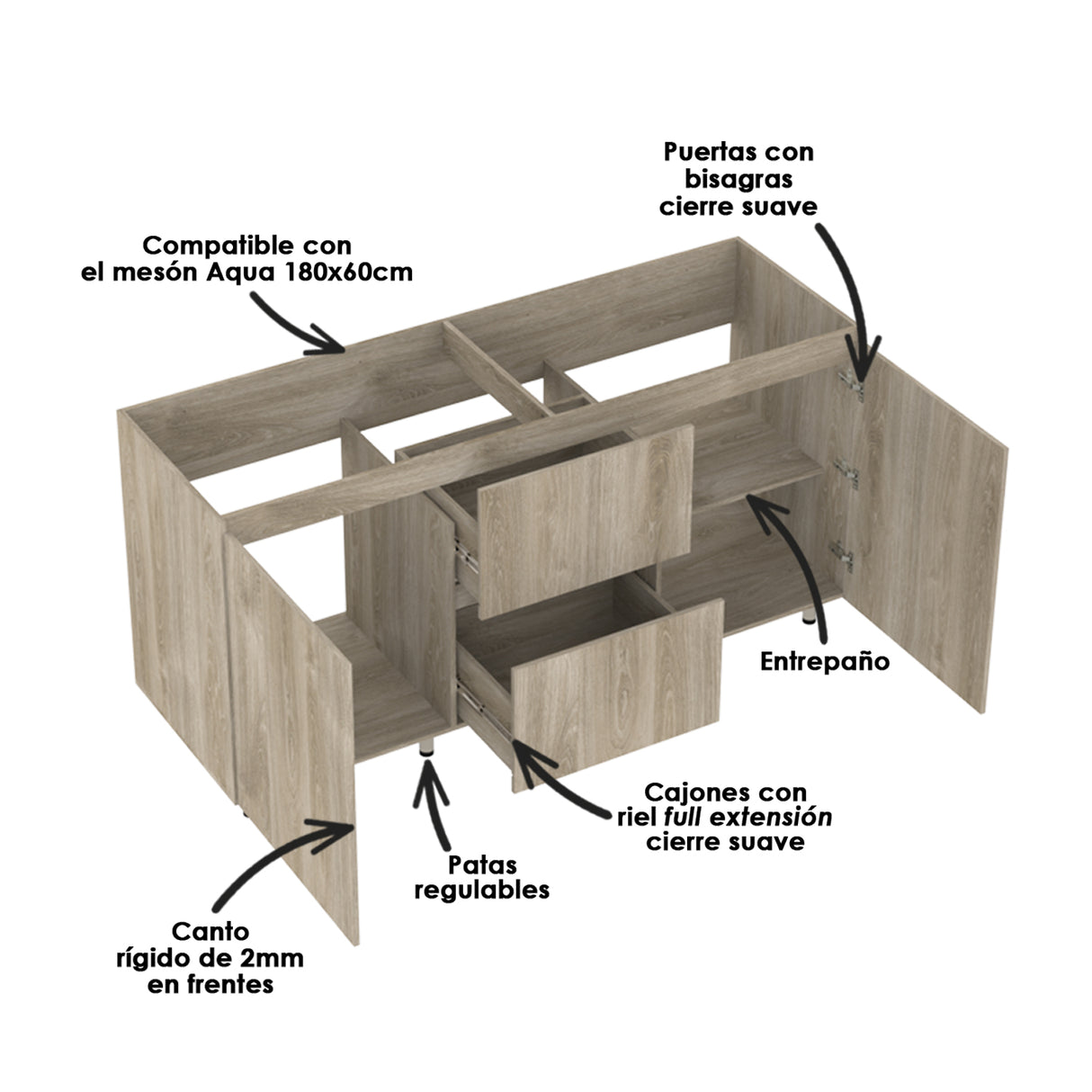 Mueble Inferior de Cocina Zafiro Austral 180x88cm Sin Mesón y con Organizador de Cubiertos - MUEBLES INFERIORES DE COCINA | Bylmo
