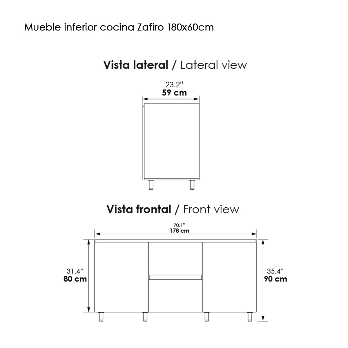 Mueble Inferior de Cocina Zafiro Austral 180x88cm Sin Mesón y con Organizador de Cubiertos - MUEBLES INFERIORES DE COCINA | Bylmo