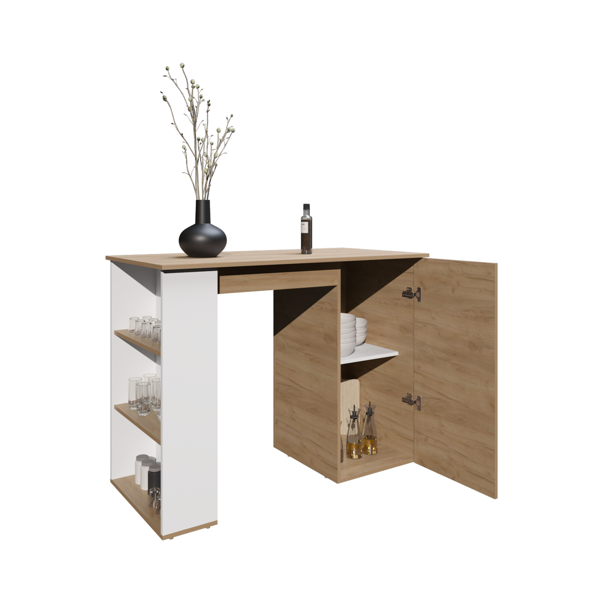 Barra de Cocina Allen Fresno Europeo y Blanco 120.3x91cm Con Seis Compartimientos - BARRAS Y MUEBLES AUXILIARES | Bylmo