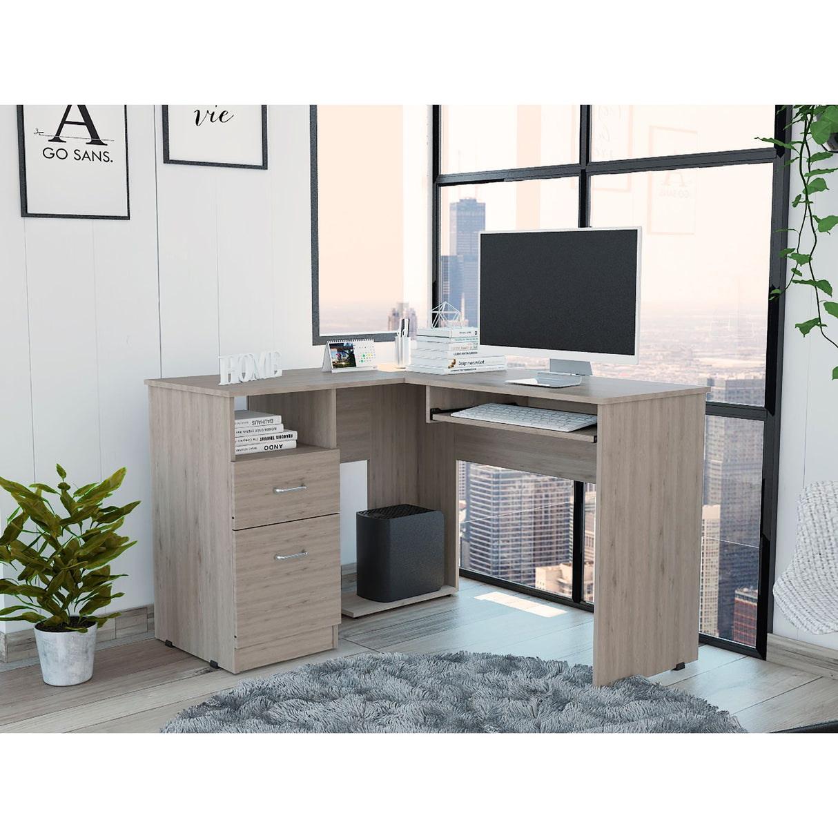 Escritorio Esquinero Mix Ceniza 120.1x77.2cm con Dos Cajones - ESCRITORIOS | Bylmo