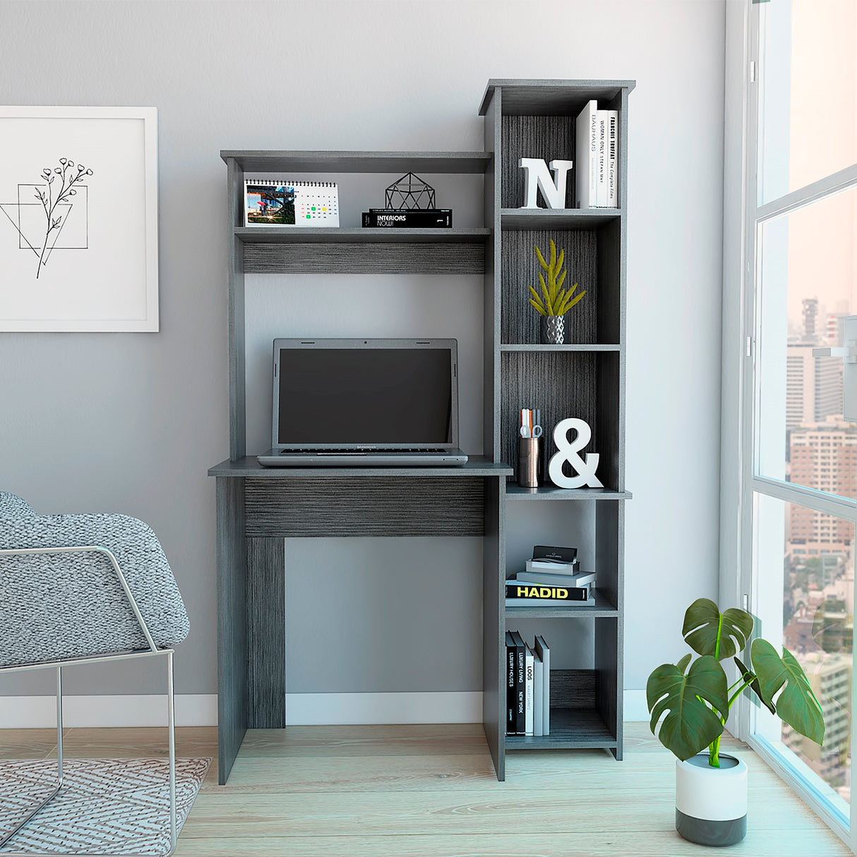 Escritorio con Biblioteca Versalles Roble Gris 98.5x162.5cm sin Cajones - ESCRITORIOS | Bylmo