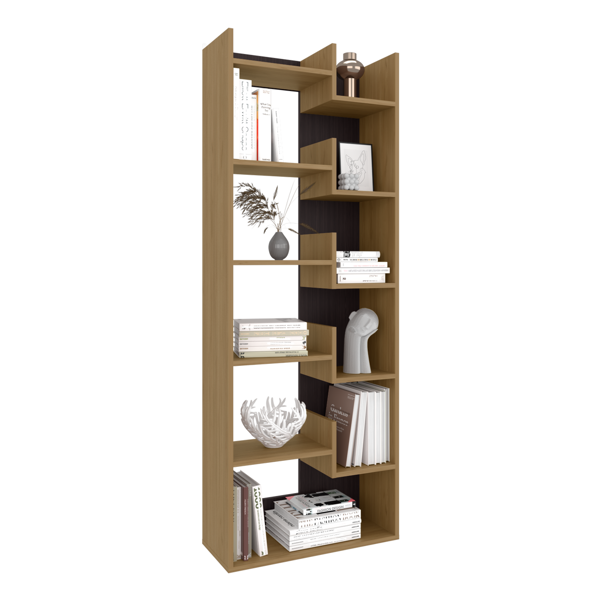 Biblioteca Asimétrica Clover Fresno Europeo y Wengue 60x162cm con OnceCompartimientos - BIBLIOTECAS Y ESTANTERIAS | Bylmo