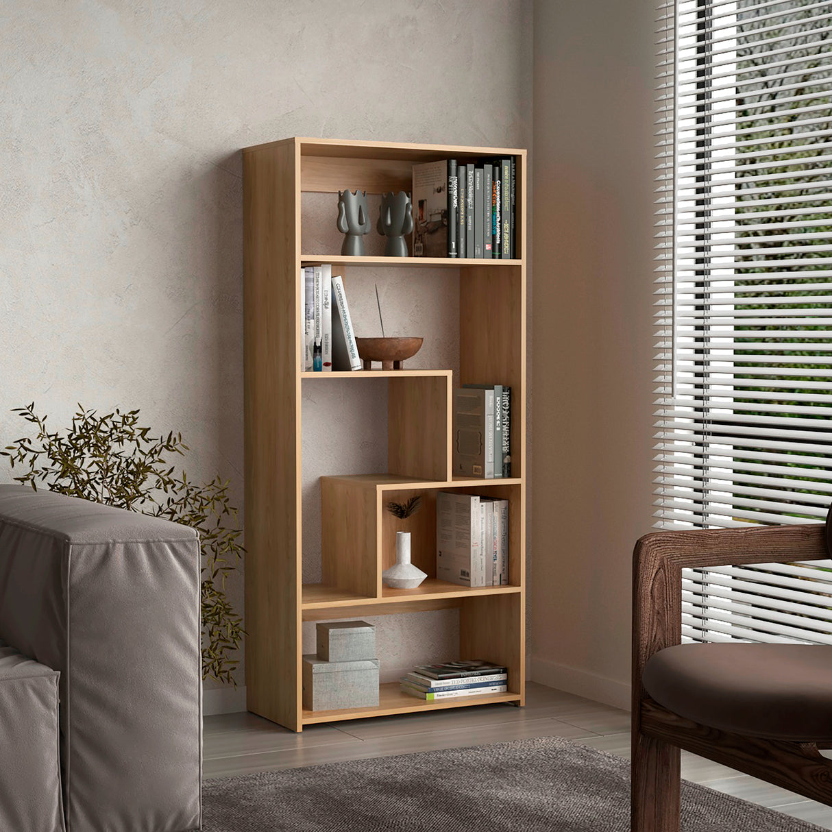 Biblioteca Asimétrica Lous Fresno Europeo 73x161cm Con Siete Compartimientos - BIBLIOTECAS Y ESTANTERIAS | Bylmo