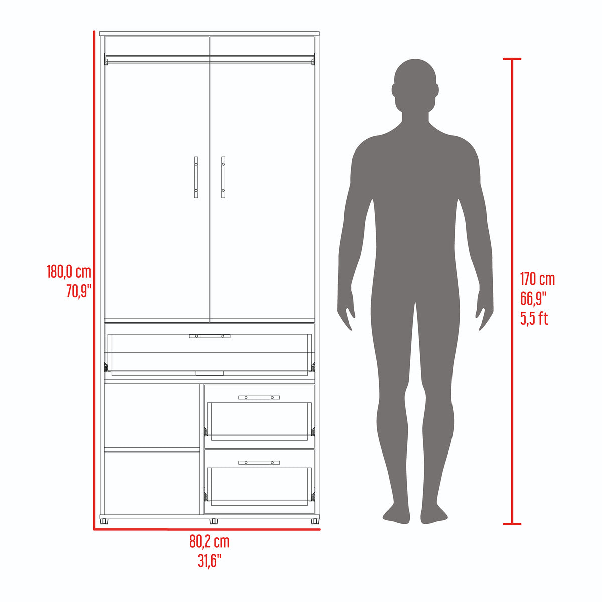 Closet Sevilla Fresno Europeo Mallado 80x180cm Con Tres Cajones y Cinco Compartimientos