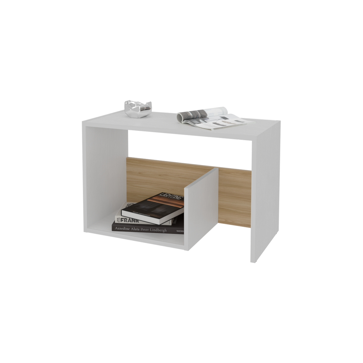 Mesa Auxiliar Everett Blanco y Fresno Europeo 39.8x63.4cm Rectangular con Dos Compartimientos - MESAS AUXILIARES | Bylmo