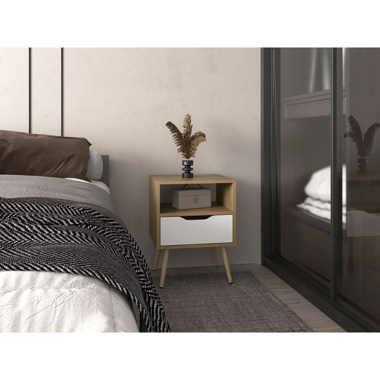 Mesa de Noche Wende Blanco y Fresno Europeo 40x43cm con Un Cajón - MESAS DE NOCHE | Bylmo