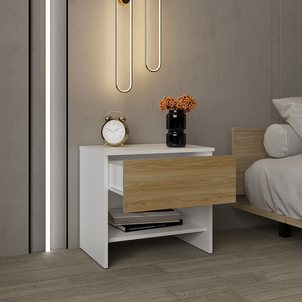 Mesa de Noche Dasel Fresno Europeo y Blanco 50x46.6cm con Un Cajón - MESAS DE NOCHE | Bylmo