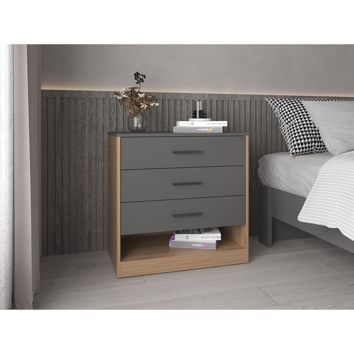 Cajonera Alder Plomo y Fresno Europeo 70x70cm con Tres Cajones - CAJONERAS Y COMODAS | Bylmo