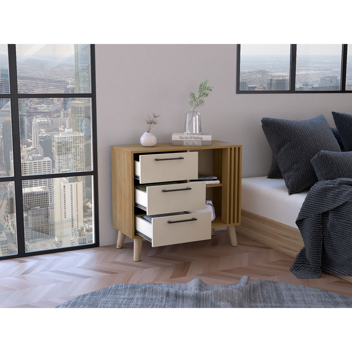 Cajonera Vance Fresno Europeo y Capri 80x70cm con Tres Cajones - CAJONERAS Y COMODAS | Bylmo