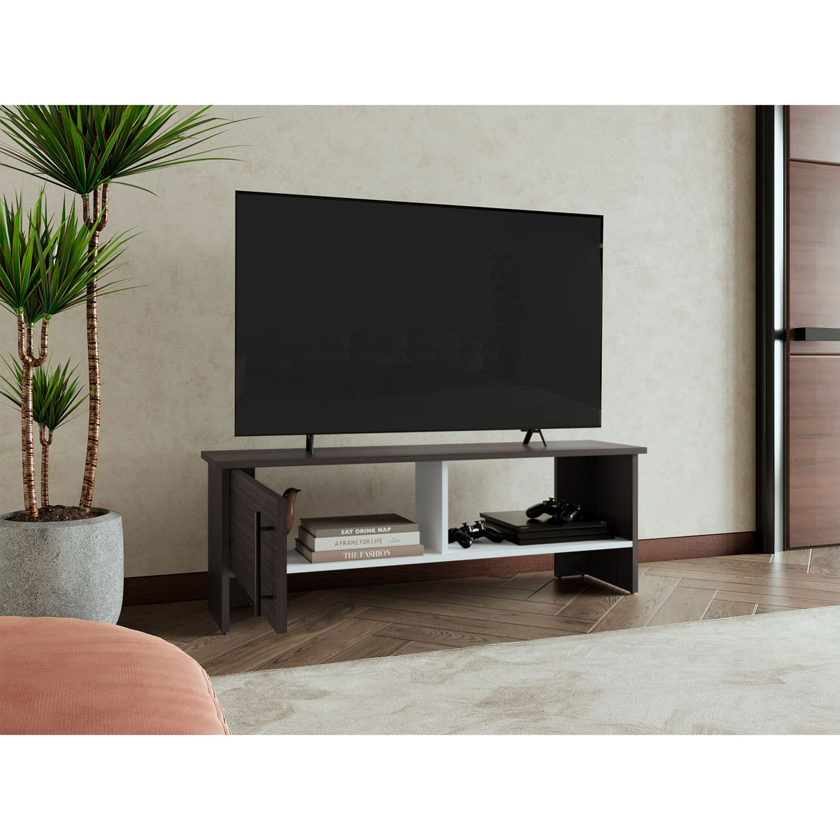 Mesa para TV Navia Nogal y Blanco 120.3x41.9cm Para TV Hasta 65 Pulgadas - MUEBLES DE TV | Bylmo