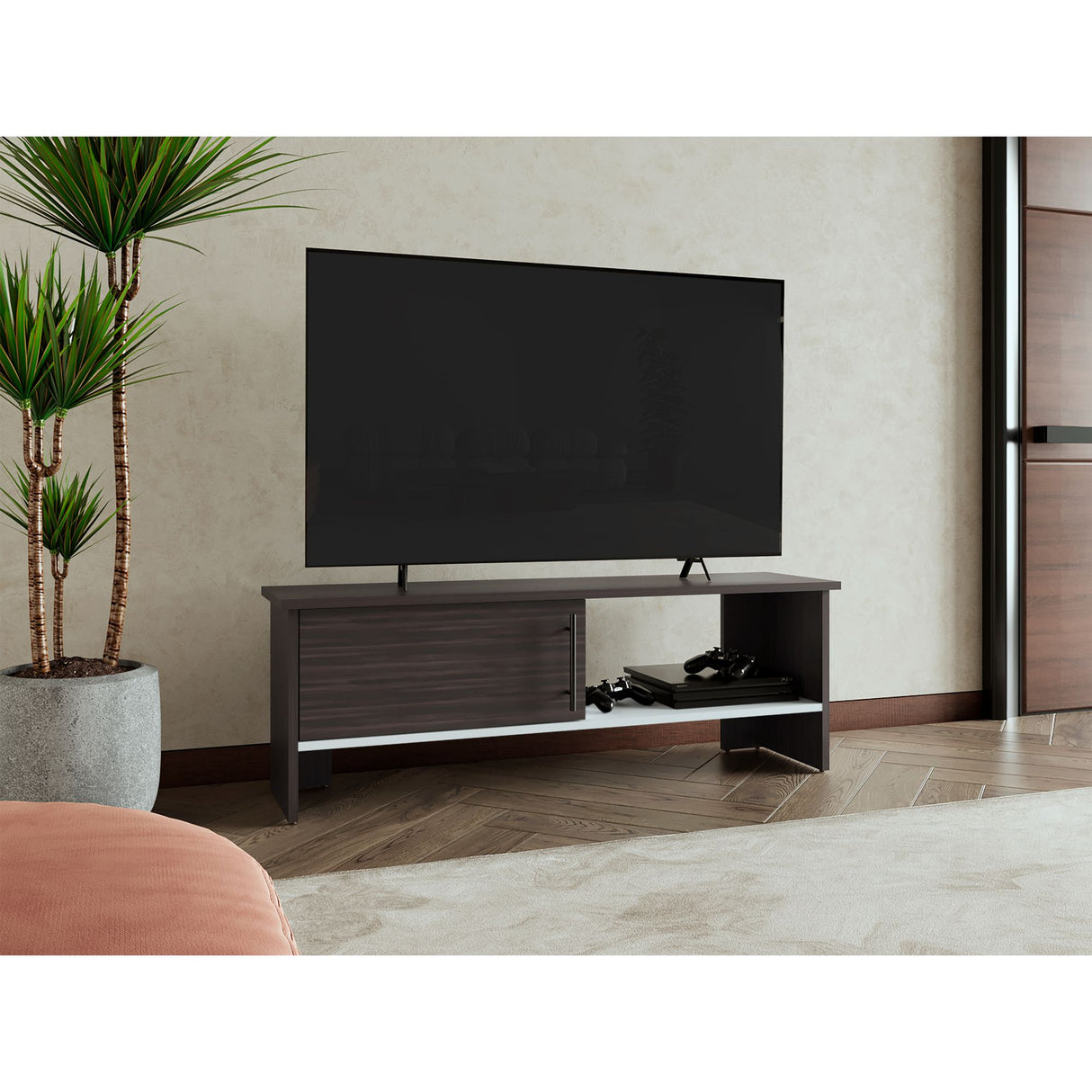 Mesa para TV Navia Nogal y Blanco 120.3x41.9cm Para TV Hasta 65 Pulgadas - MUEBLES DE TV | Bylmo