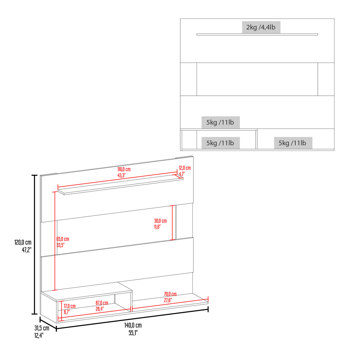 Panel de TV Flotante Baijing Blanco 140x120cm Para TV Hasta 55 Pulgadas - MUEBLES DE TV | Bylmo