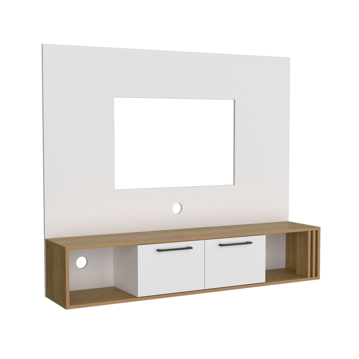Panel de TV Flotante Vance Blanco y Fresno Europeo 142.6x120cm Para TV Hasta 60 Pulgadas con Ranuras para Cables - MUEBLES DE TV | Bylmo