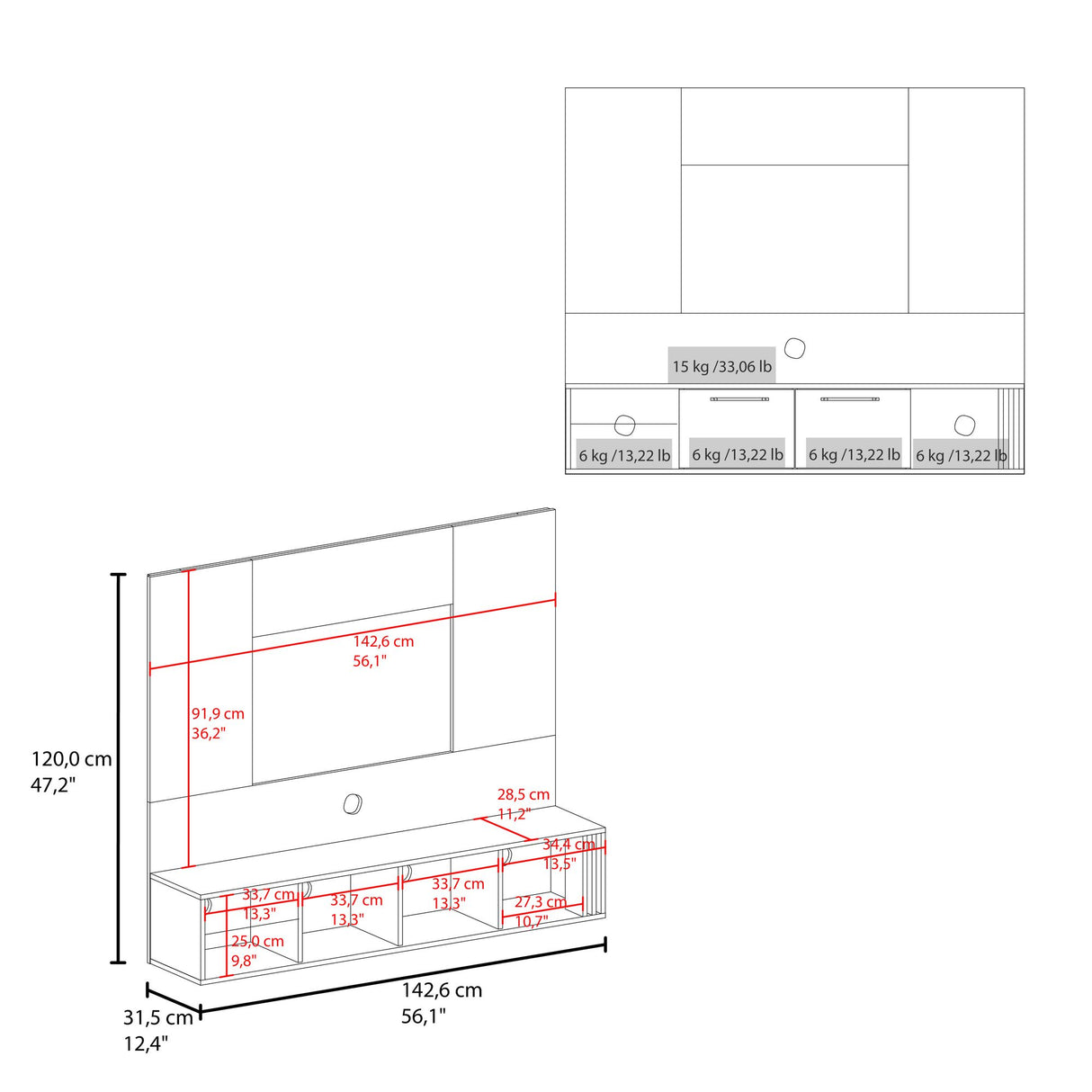Panel de TV Flotante Vance Blanco y Fresno Europeo 142.6x120cm Para TV Hasta 60 Pulgadas con Ranuras para Cables - MUEBLES DE TV | Bylmo