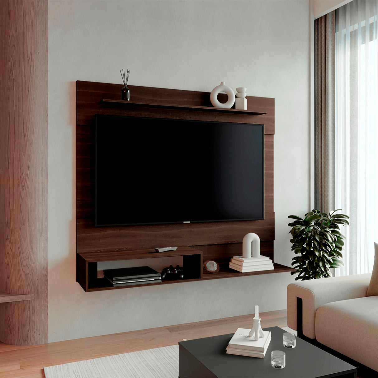 Panel de TV Flotante Baijing Milan y Wengue 160x137cm Para TV Hasta 70 Pulgadas - MUEBLES DE TV | Bylmo