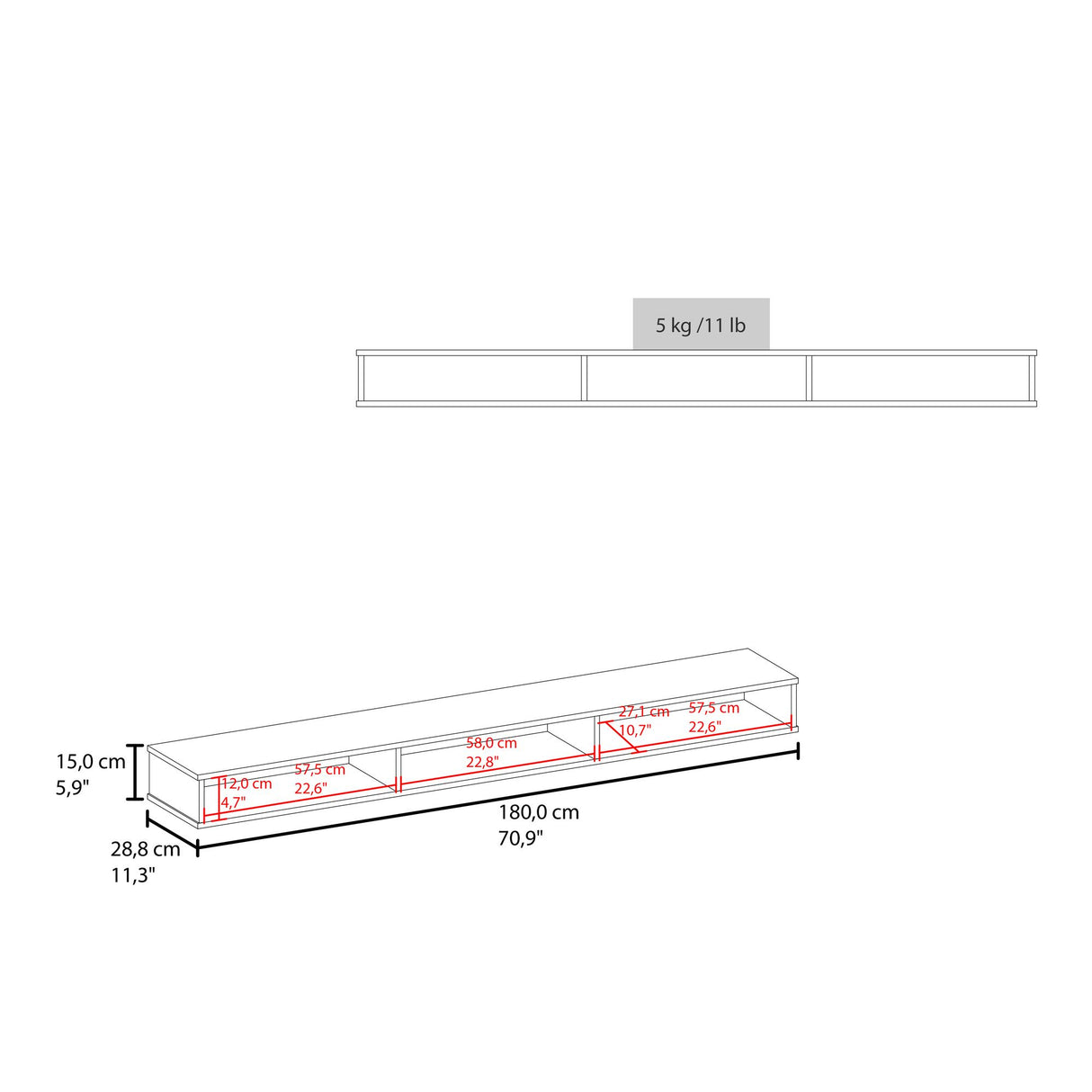 Rack de TV Flotante Luft Fresno 180x15cm Para TV Hasta 75 Pulgadas con Ranuras para Cables - MUEBLES DE TV | Bylmo