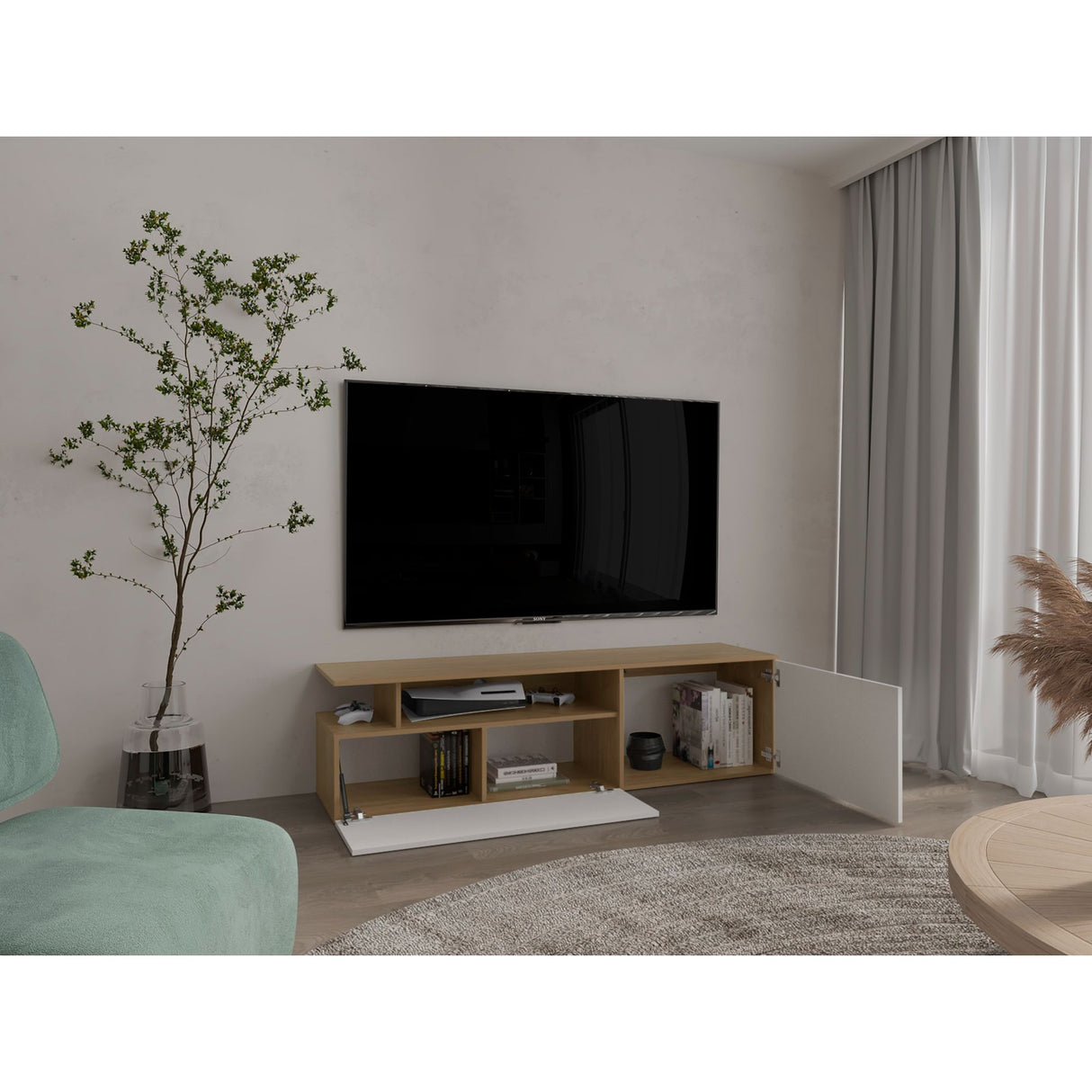 Rack de TV Selma Fresno Europeo y Blanco 161x44.1cm Para TV Hasta 70 Pulgadas con Ranuras para Cables - MUEBLES DE TV | Bylmo