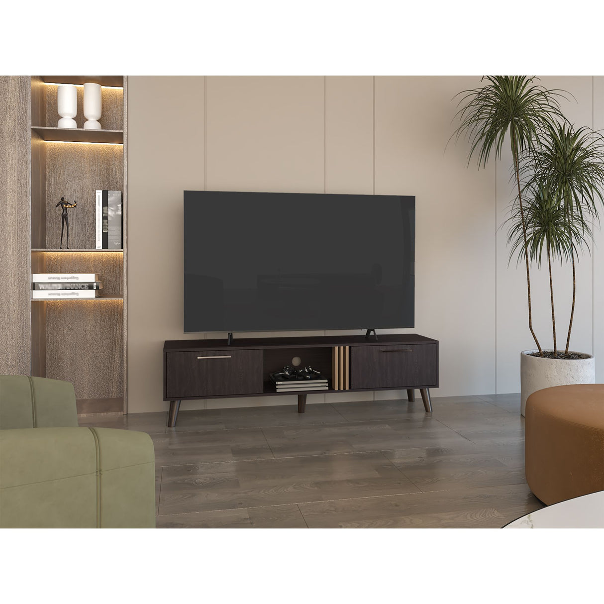 Rack de TV Vance Wengue y Fresno Europeo 160x43cm Para TV Hasta 70 Pulgadas con Ranuras para Cables - MUEBLES DE TV | Bylmo