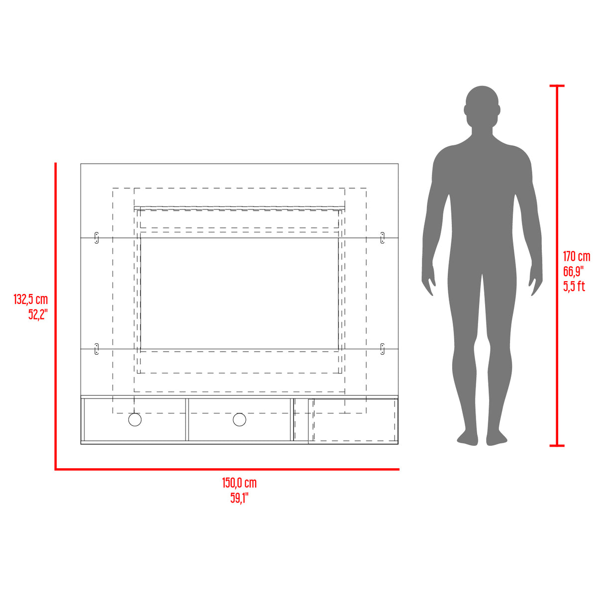 Panel de TV Flotante Dassel Blanco y Fresno Europeo 150x132.5cm Para TV Hasta 65 Pulgadas con Ranuras para Cables - MUEBLES DE TV | Bylmo