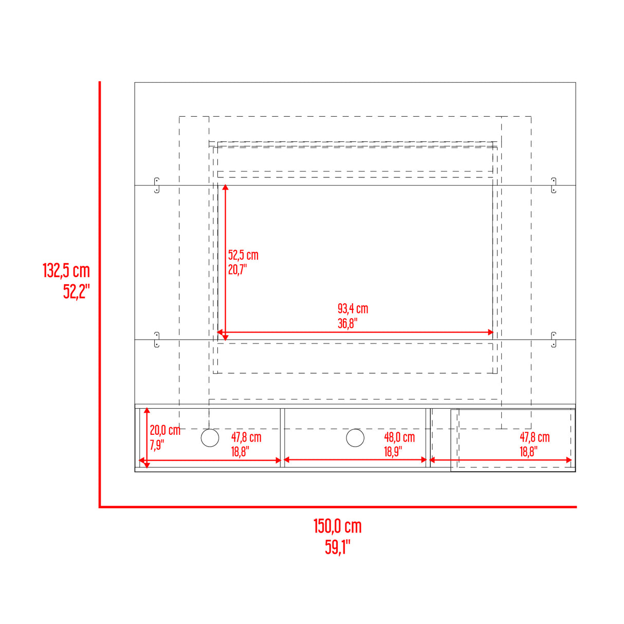 Panel de TV Flotante Dassel Blanco y Fresno Europeo 150x132.5cm Para TV Hasta 65 Pulgadas con Ranuras para Cables - MUEBLES DE TV | Bylmo