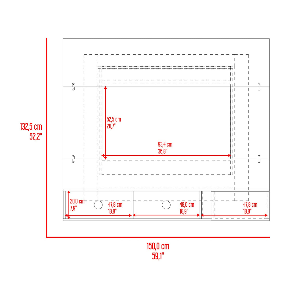 Panel de TV Flotante Dassel Blanco y Fresno Europeo 150x132.5cm