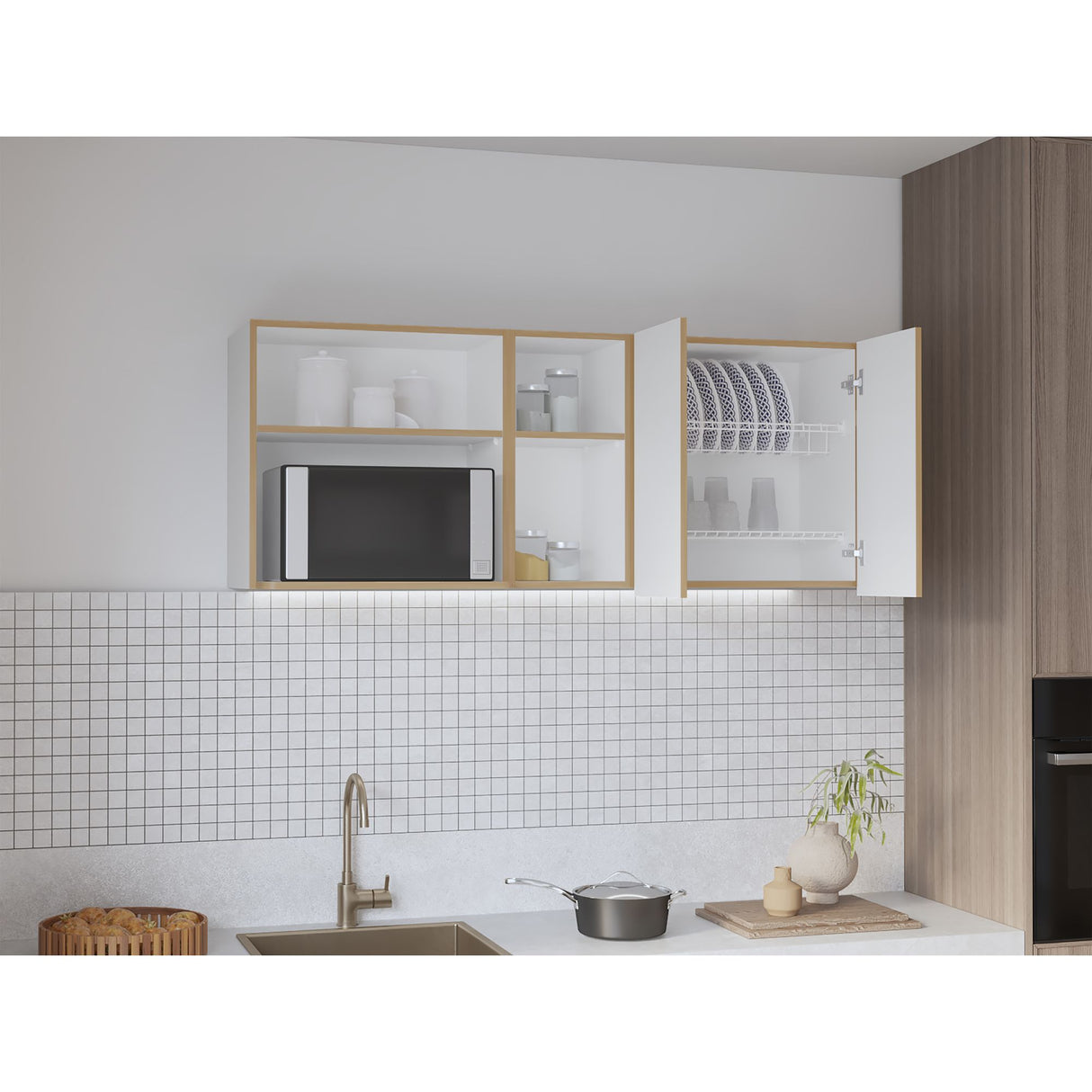 Mueble Superior de Cocina Corinto Blanco y Fresno Europeo 150x62cm con Locero y Espacio para Microondas - MUEBLES SUPERIORES DE COCINA | Bylmo