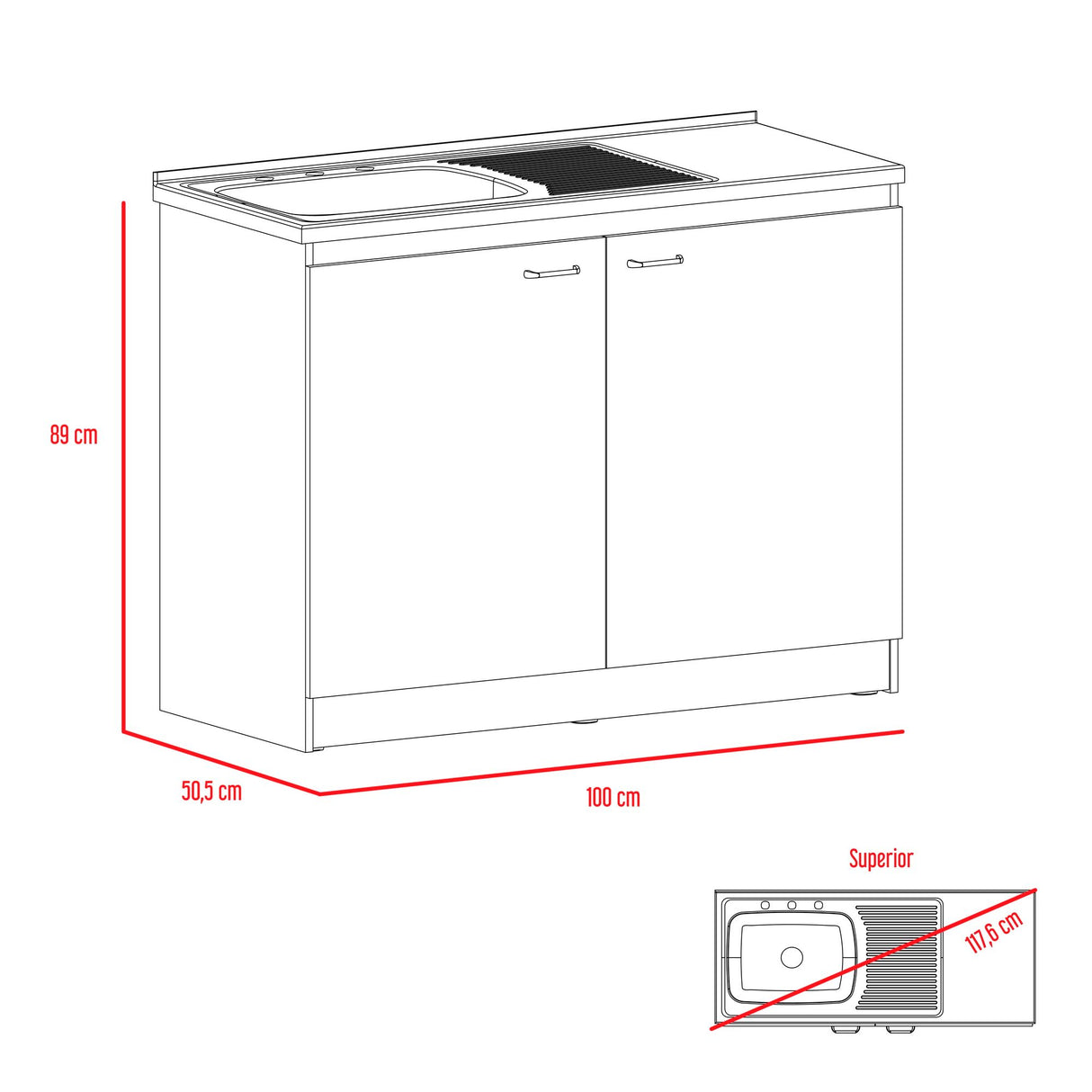 Mueble Inferior de Cocina Napoles Blanco 100x90cm Con Mesón de Acero Inoxidable para Lado Izquierdo y sin Estufa - MUEBLES INFERIORES DE COCINA | Bylmo