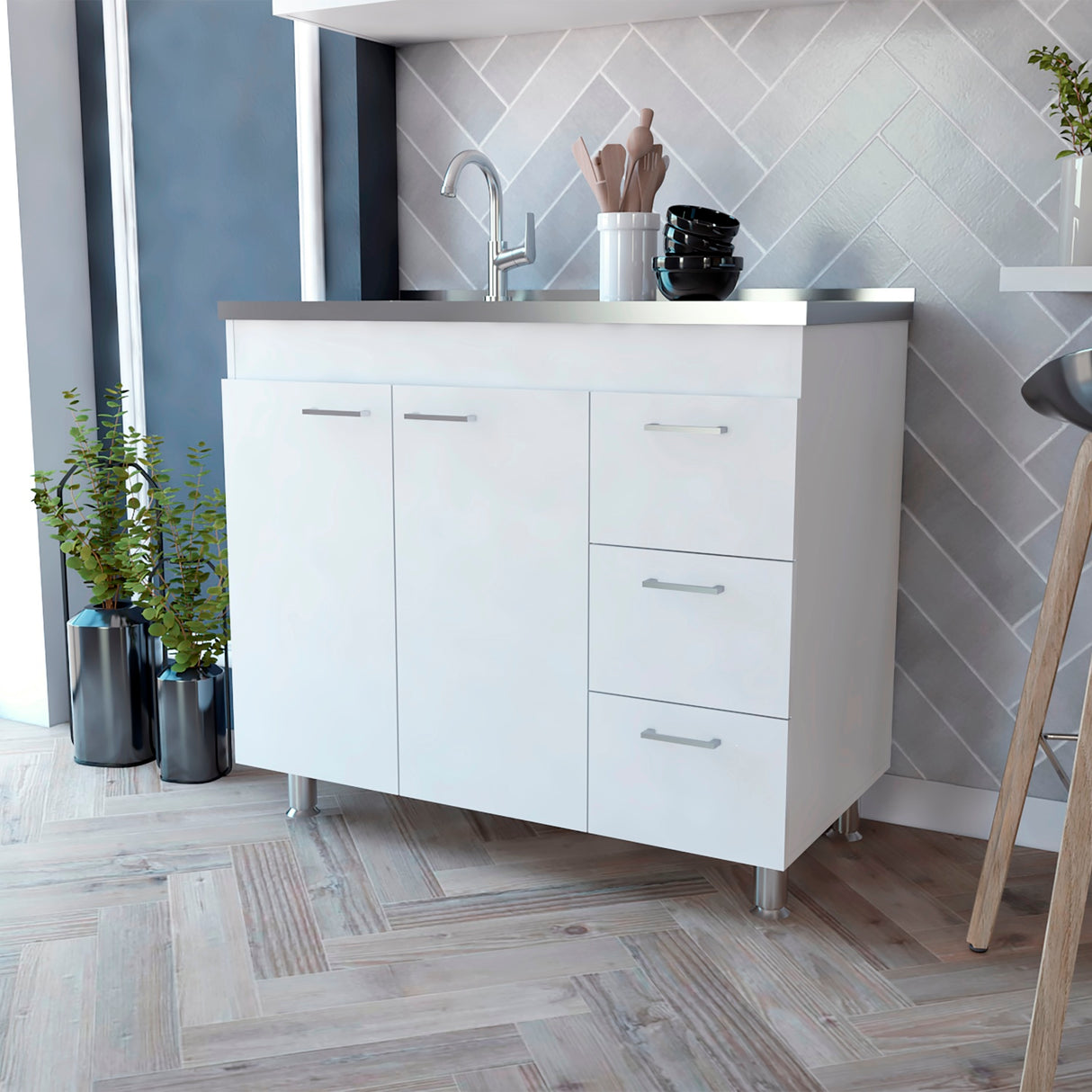 Mueble Inferior de Cocina Ferreti Blanco 100x90cm Con Mesón de Acero Inoxidable para Lado Izquierdo y sin Estufa - MUEBLES INFERIORES DE COCINA | Bylmo
