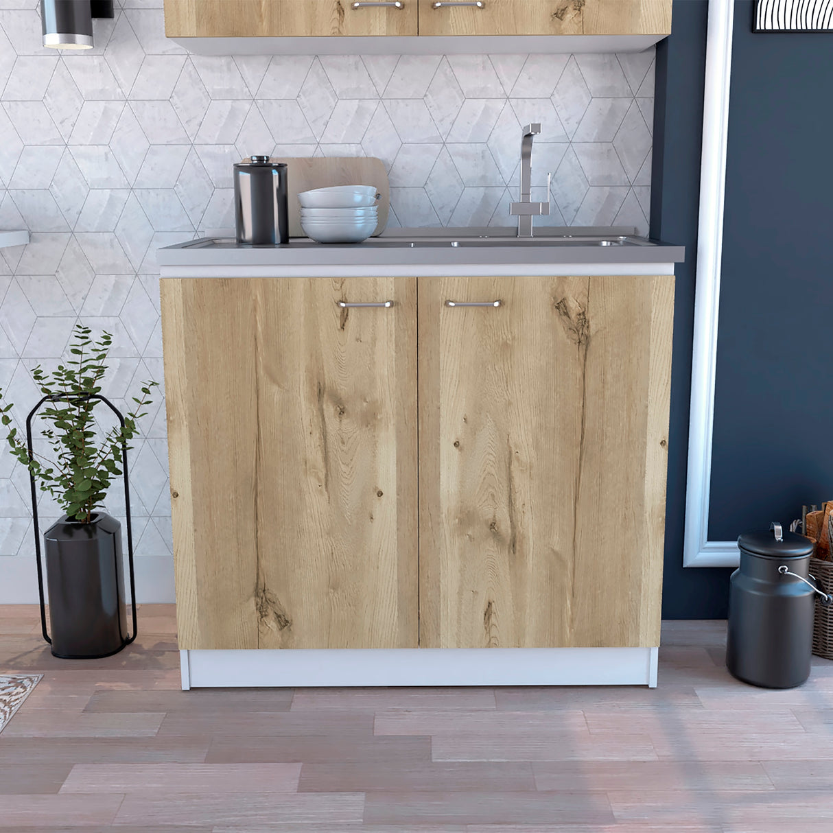 Mueble Inferior de Cocina Napoles Blanco y Duna 100x90cm Con Mesón de Acero Inoxidable para Lado Izquierdo y sin Estufa - MUEBLES INFERIORES DE COCINA | Bylmo