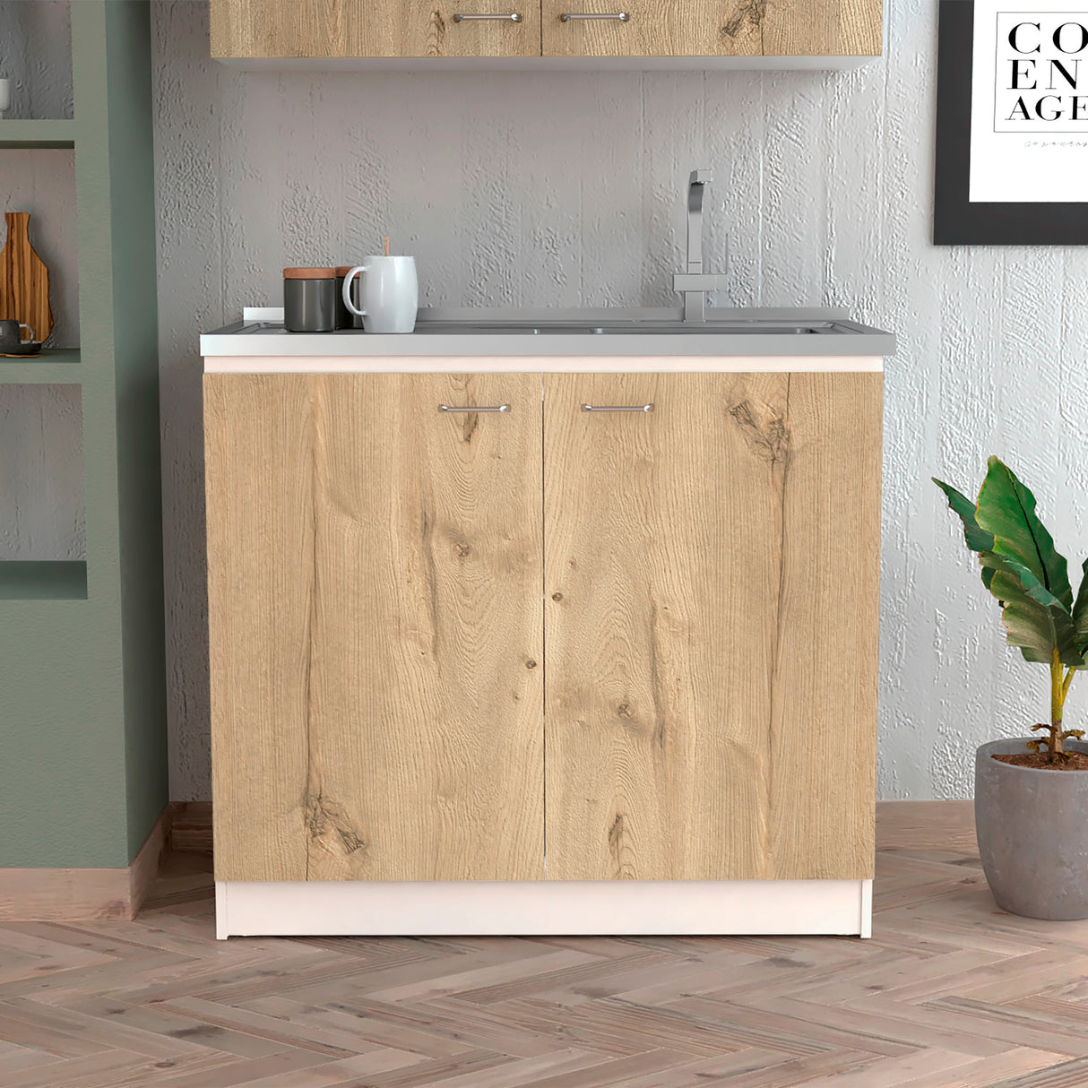 Mueble Inferior de Cocina Napoles Blanco y Duna 100x90cm Con Mesón de Acero Inoxidable para Lado Izquierdo y sin Estufa - MUEBLES INFERIORES DE COCINA | Bylmo