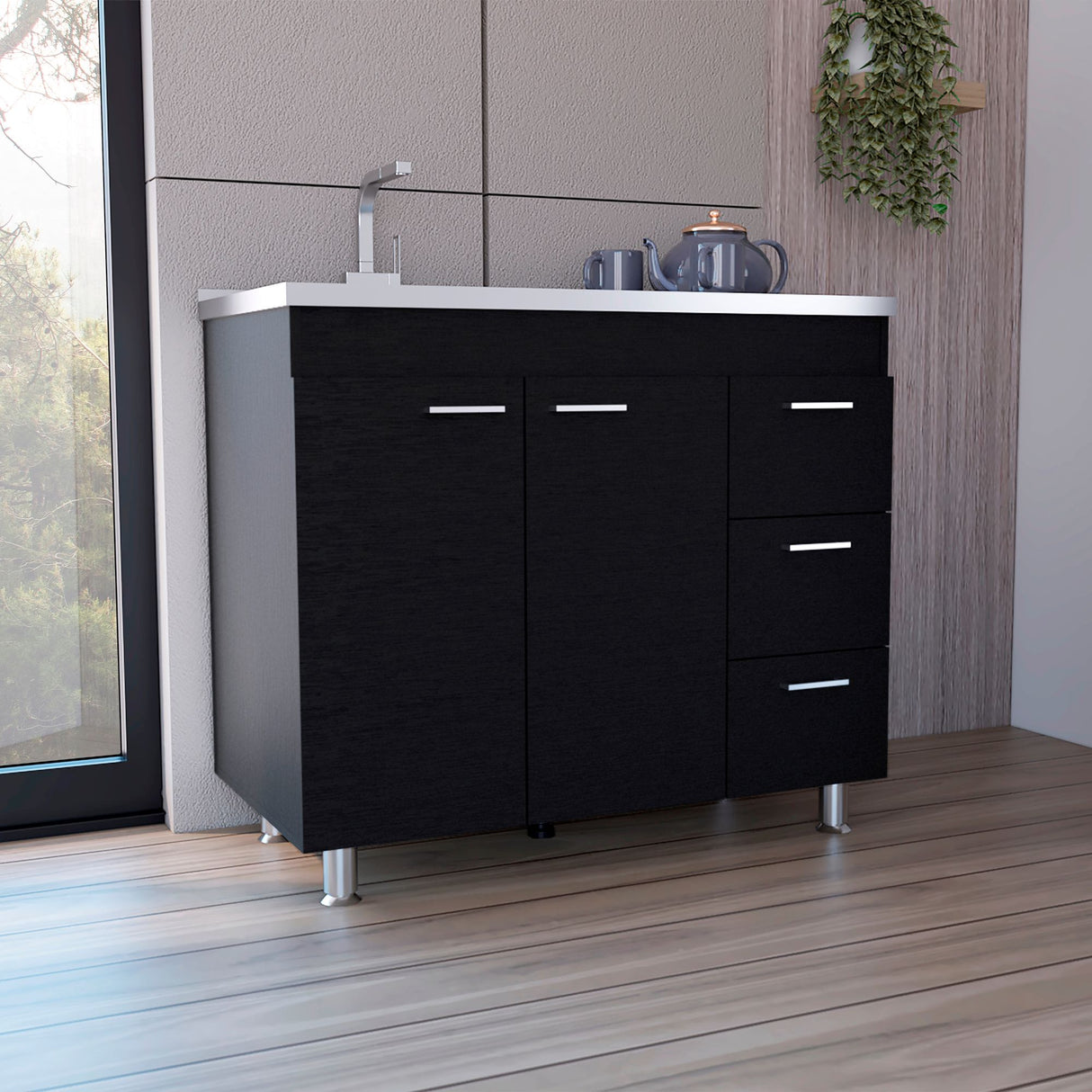 Mueble Inferior de Cocina Ferreti Wengue 100x90cm Con Mesón de Acero Inoxidable para Lado Izquierdo y sin Estufa - MUEBLES INFERIORES DE COCINA | Bylmo