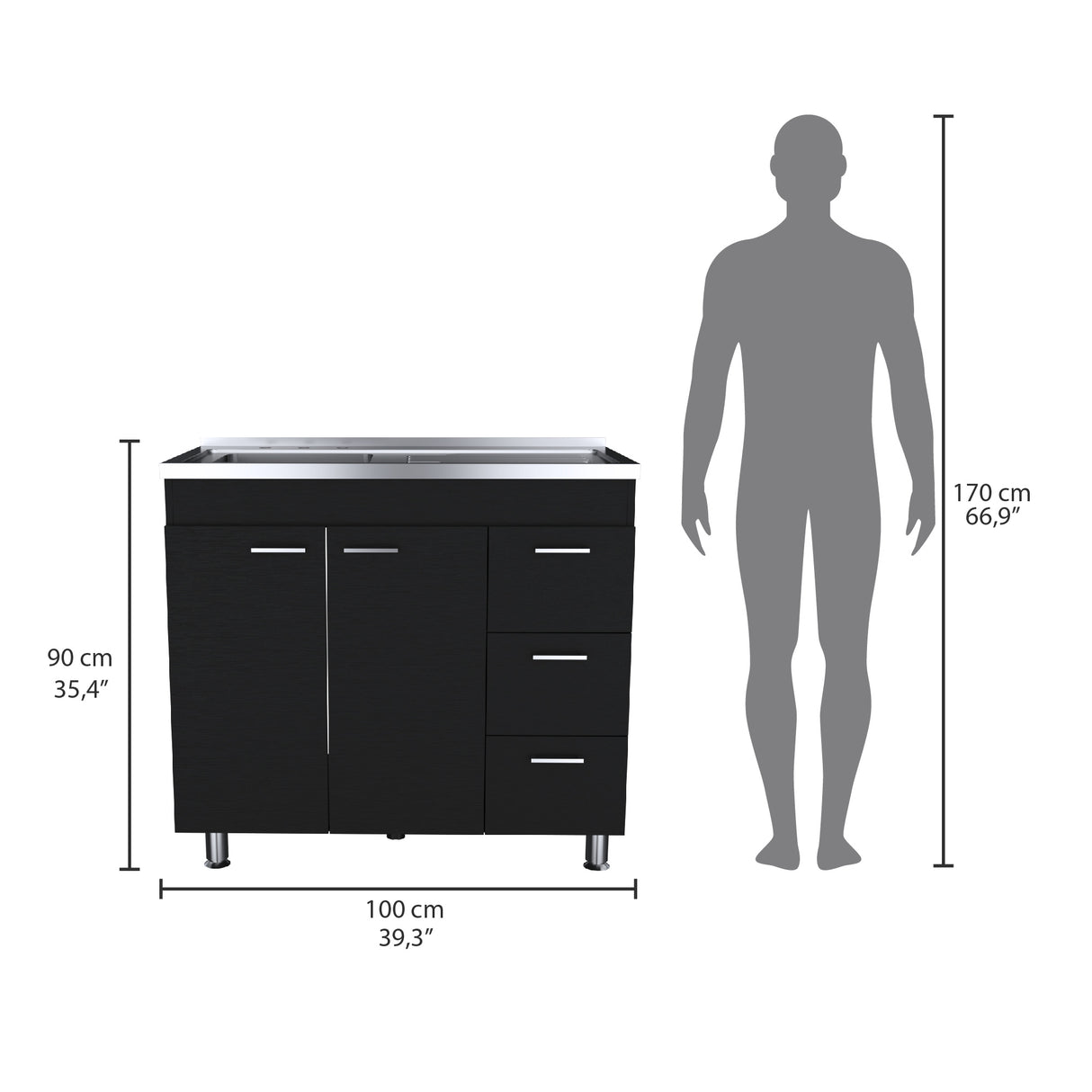 Mueble Inferior de Cocina Ferreti Wengue 100x90cm Con Mesón de Acero Inoxidable para Lado Izquierdo y sin Estufa - MUEBLES INFERIORES DE COCINA | Bylmo