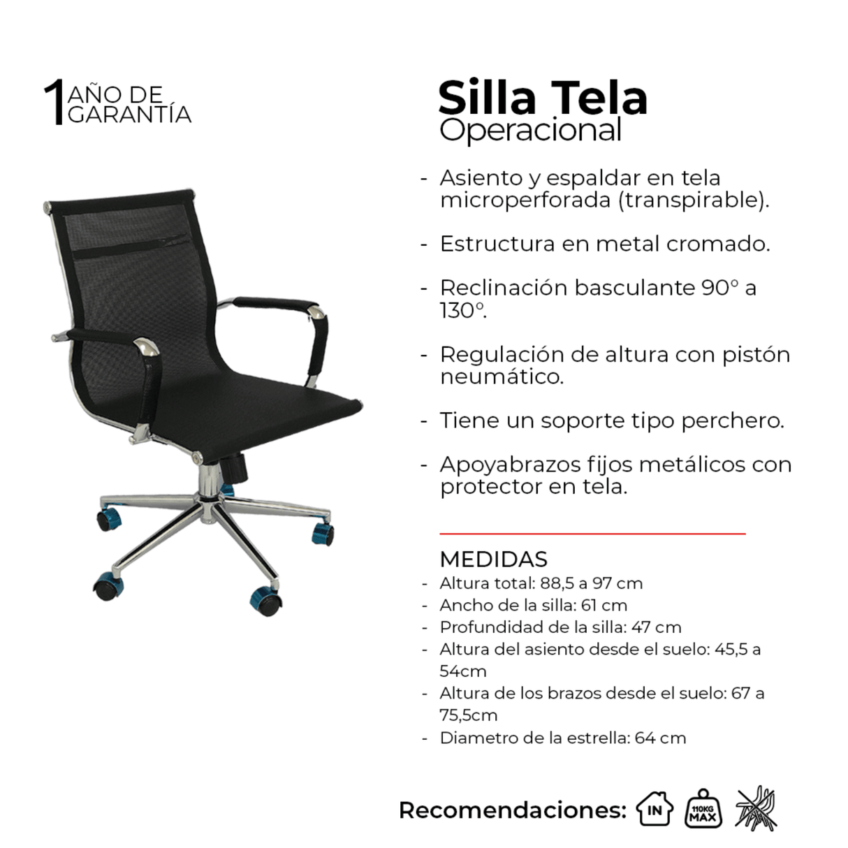 Set x 2 Sillas de Oficina Negro 61x46.5cm Reclinable y Giratoria con Ruedas - SILLAS DE OFICINA | Bylmo