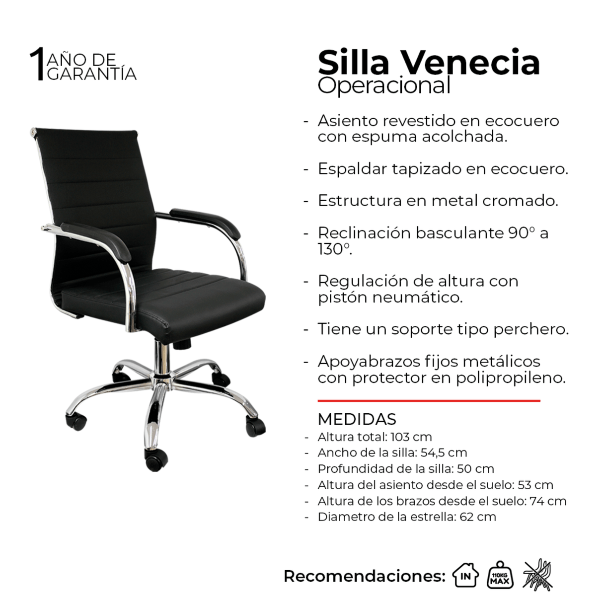 Silla de Oficina Venecia Negro 54.5x50cm Reclinable y Giratoria con Ruedas - SILLAS DE OFICINA | Bylmo