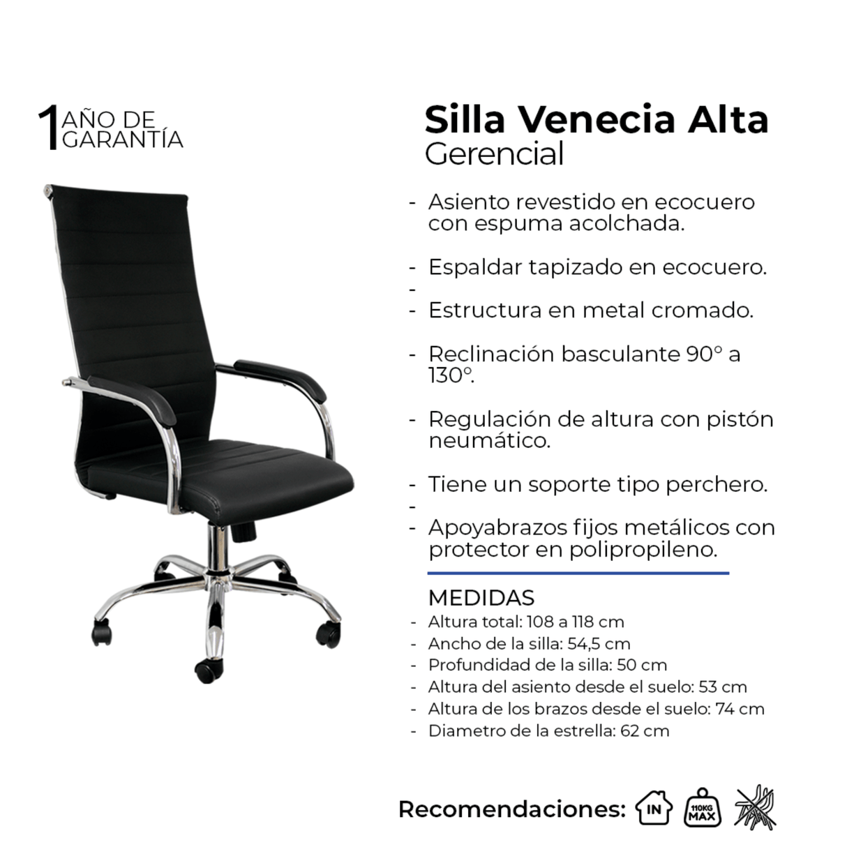 Silla de Oficina Alta Venecia Negro 54.5x50cm Reclinable y Giratoria con Ruedas - SILLAS DE OFICINA | Bylmo