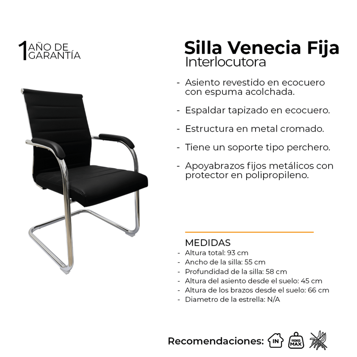 Silla de Oficina Venecia Negro 55x58cm de Base Fija - SILLAS DE OFICINA | Bylmo