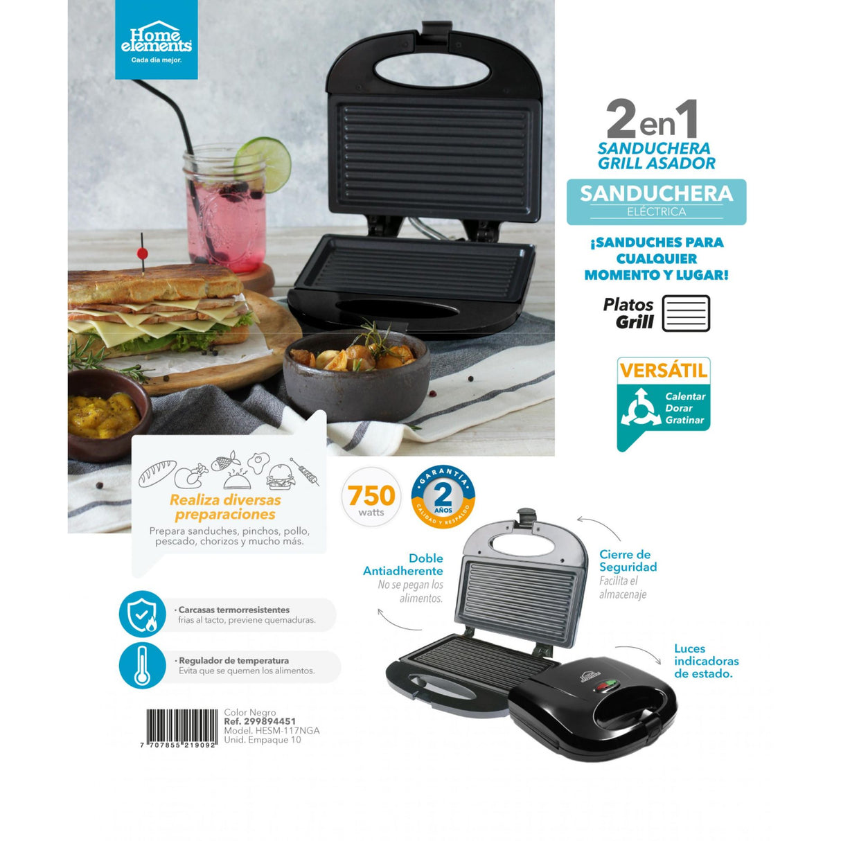 Sanduchera Negro 21.5x9cm de Dos Puestos Tipo Panini - SANDUCHERAS Y WAFLERAS | Bylmo