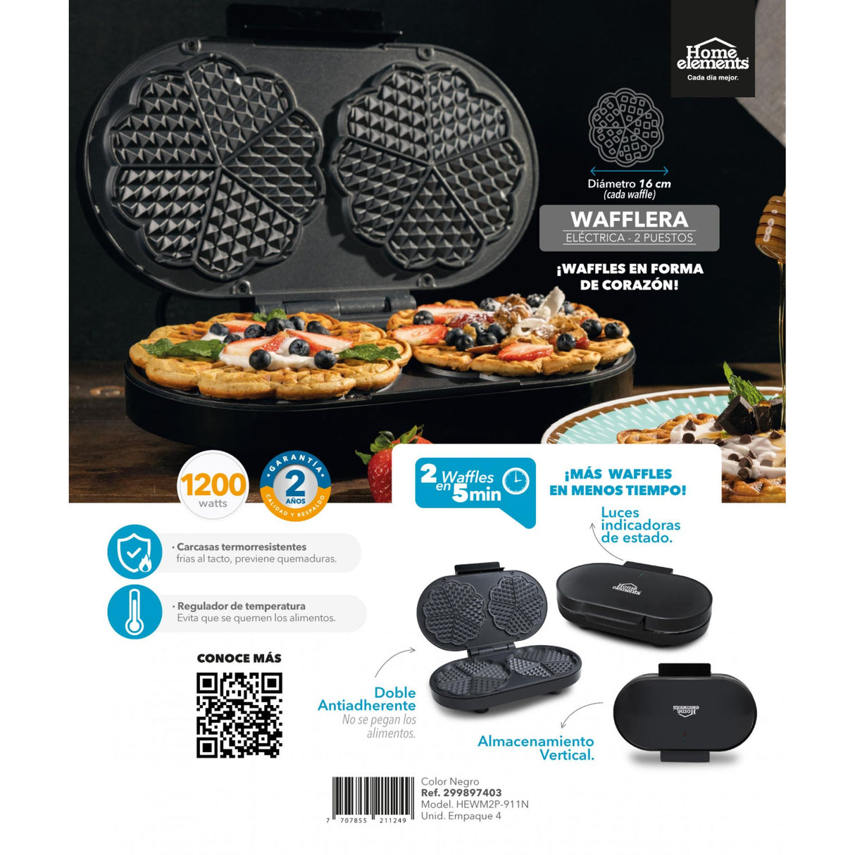 Waflera Negro 23.1x7.8cm de Dos Puestos con Luz Indicadora - SANDUCHERAS Y WAFLERAS | Bylmo