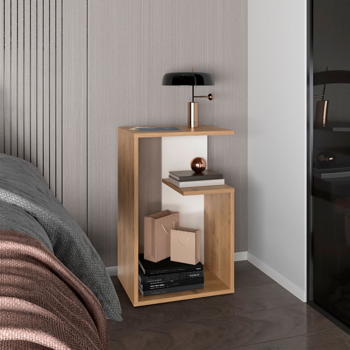 Mesa Auxiliar Rectangular Everett Macadamia y Blanco 40x63cm con Tres Compartimientos - MESAS AUXILIARES | Bylmo
