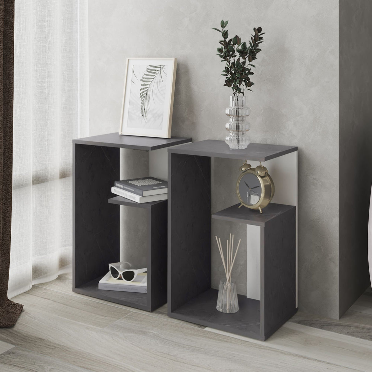 Mesa Auxiliar Rectangular Everett Onix y Blanco 40x63cm con Tres Compartimientos - MESAS AUXILIARES | Bylmo