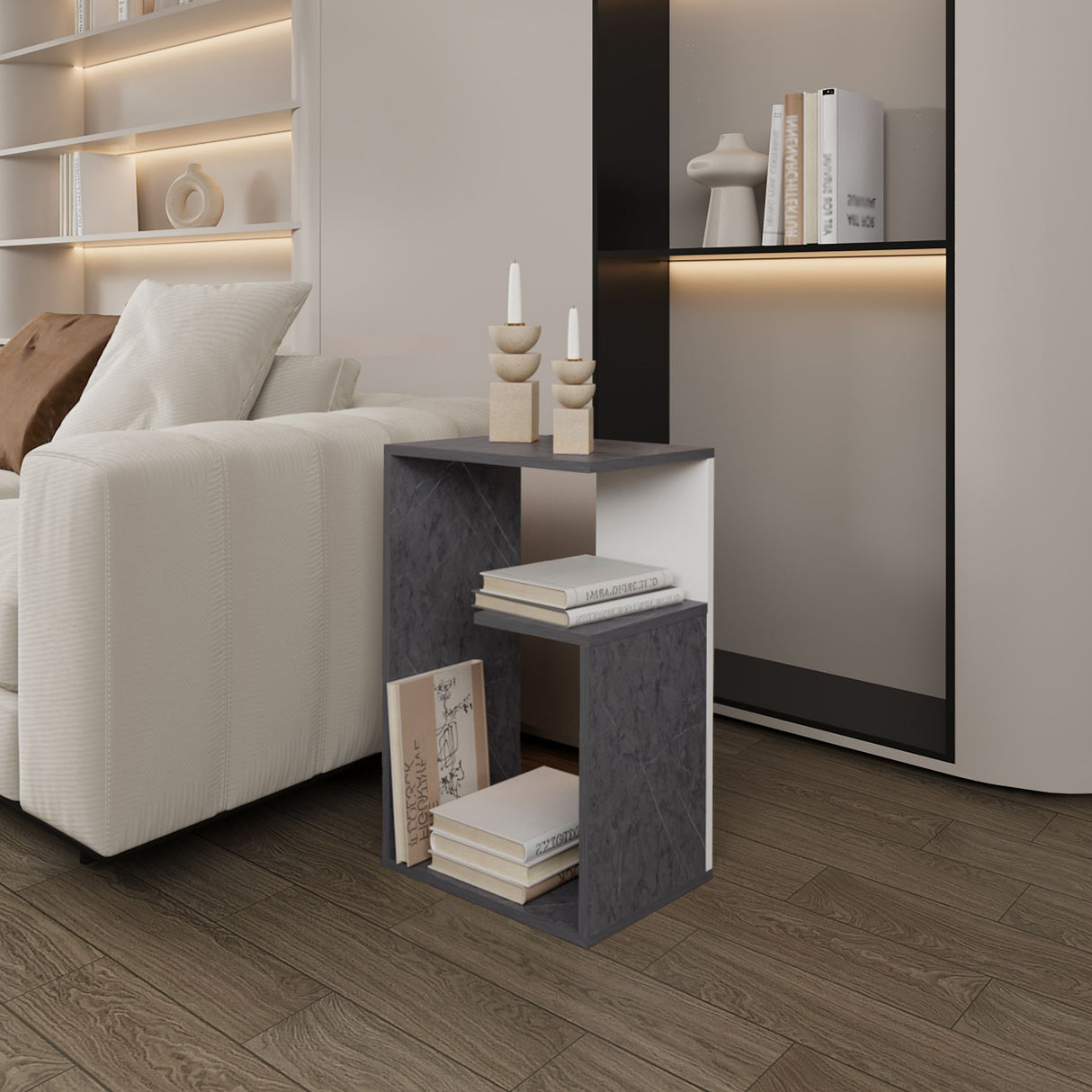 Mesa Auxiliar Rectangular Everett Onix y Blanco 40x63cm con Tres Compartimientos - MESAS AUXILIARES | Bylmo