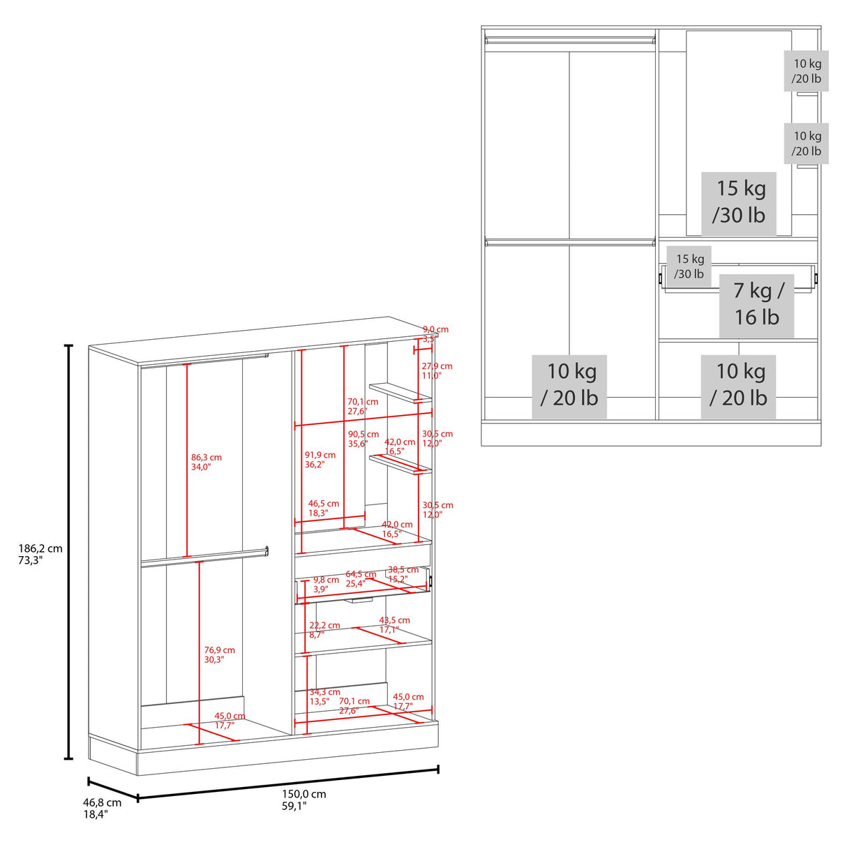 Closet Kamelot Blanco 150x186cm Con Un Cajón Cuatro Compartimientos y con Espejo - CLOSETS | Bylmo