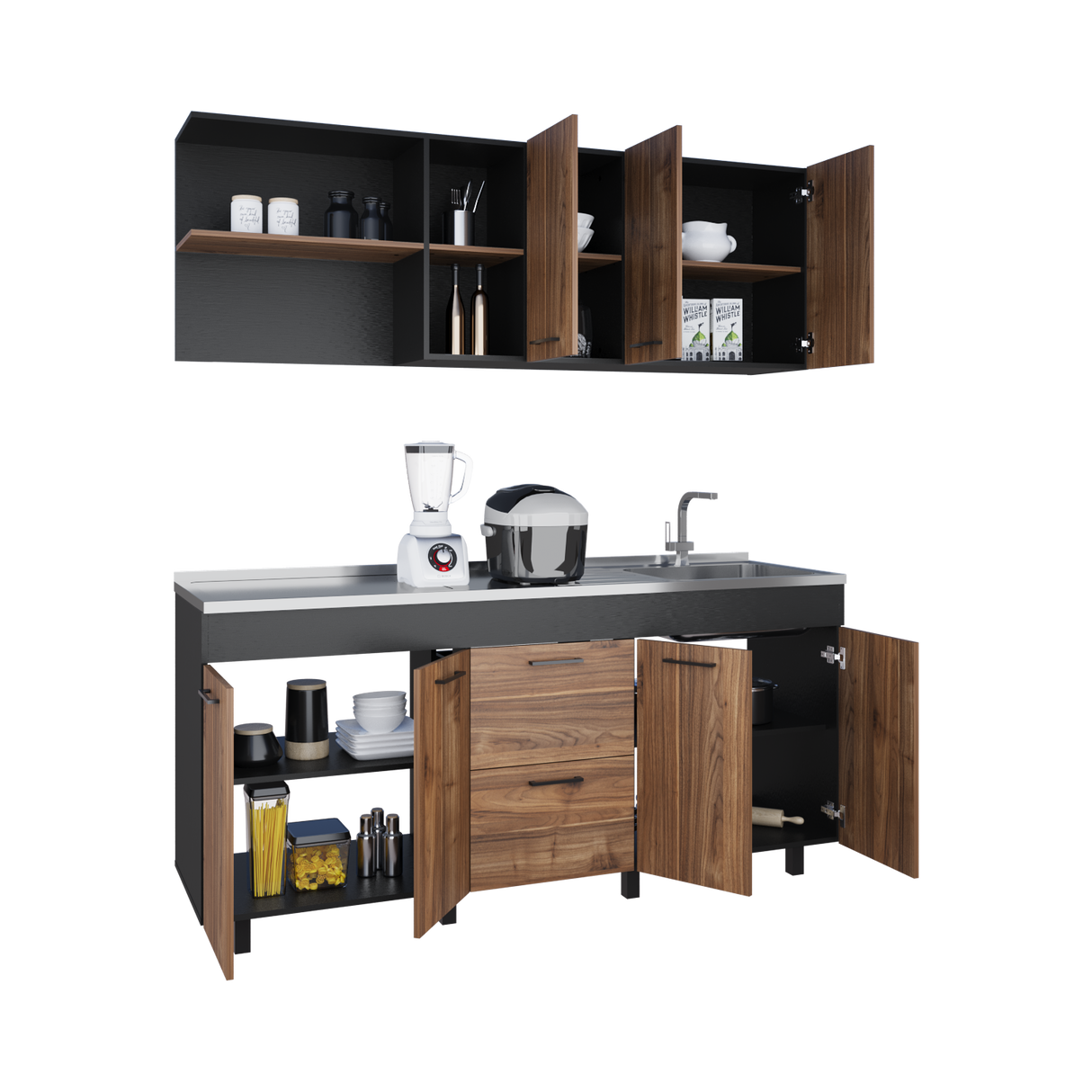 Cocina Balen Wengue 180x60cm con Mesón de Acero Inoxidable para Lado Derecho y sin Estufa - COCINAS | Bylmo