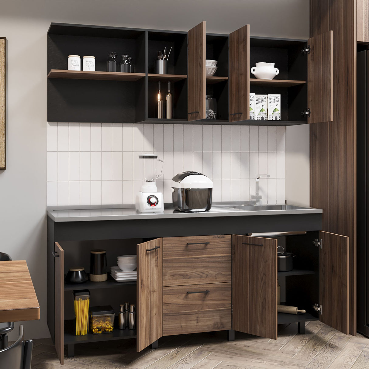 Cocina Balen Wengue 180x60cm con Mesón de Acero Inoxidable para Lado Derecho y sin Estufa - COCINAS | Bylmo