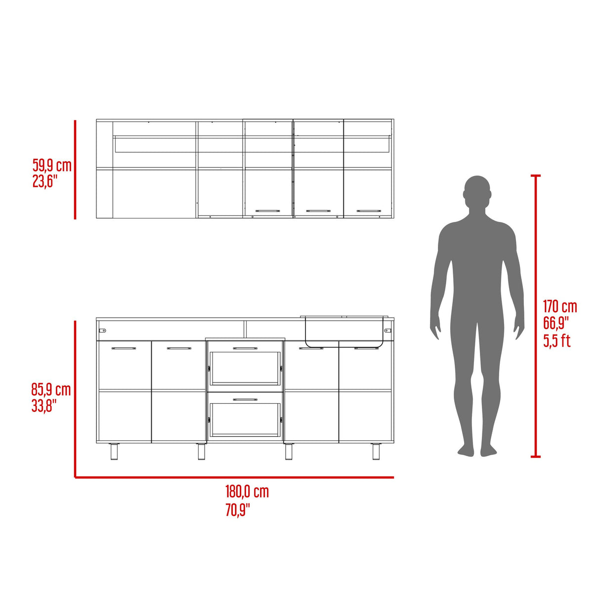 Cocina Balen Wengue 180x60cm con Mesón de Acero Inoxidable para Lado Derecho y sin Estufa - COCINAS | Bylmo