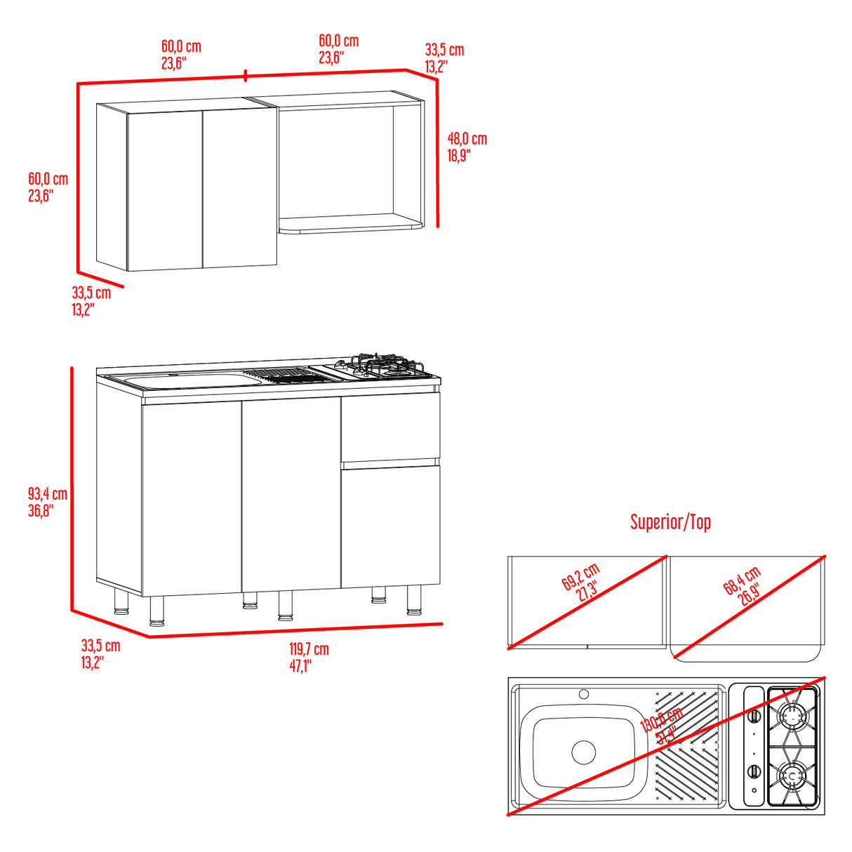 Cocina Express Wengue y Fresno Europeo 120x60cm con Mesón de Acero Inoxidable para Lado Izquierdo y con Estufa - COCINAS | Bylmo