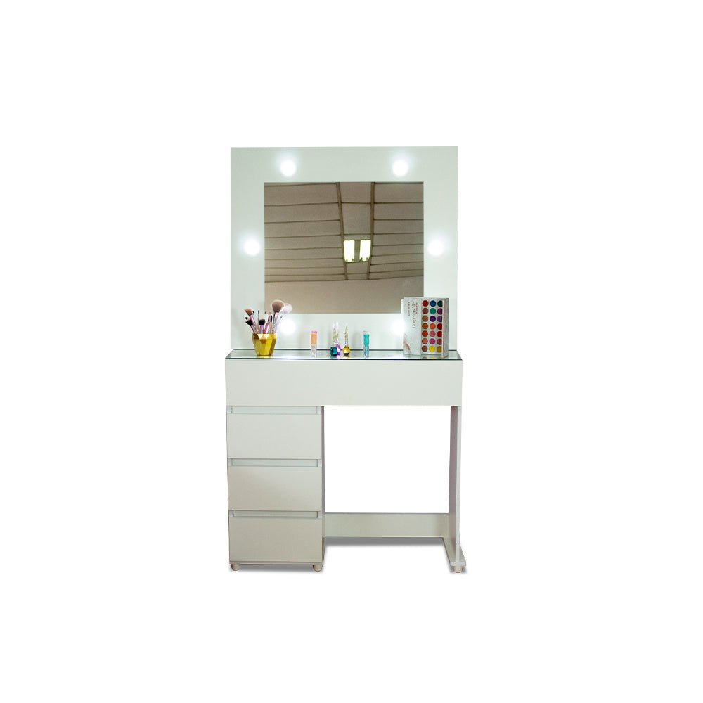 Tocador con Espejo Jazmin Blanco 90x165cm con Cuatro Cajones y Un Puff - TOCADORES | Bylmo