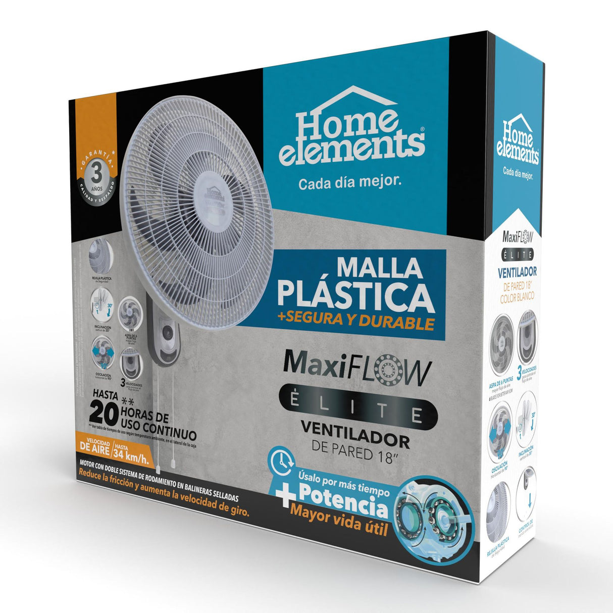 Ventilador de Pared MaxiFlow Elite Blanco y Gris 37x56cm de Tres Velocidades con Oscilación - VENTILADORES | Bylmo