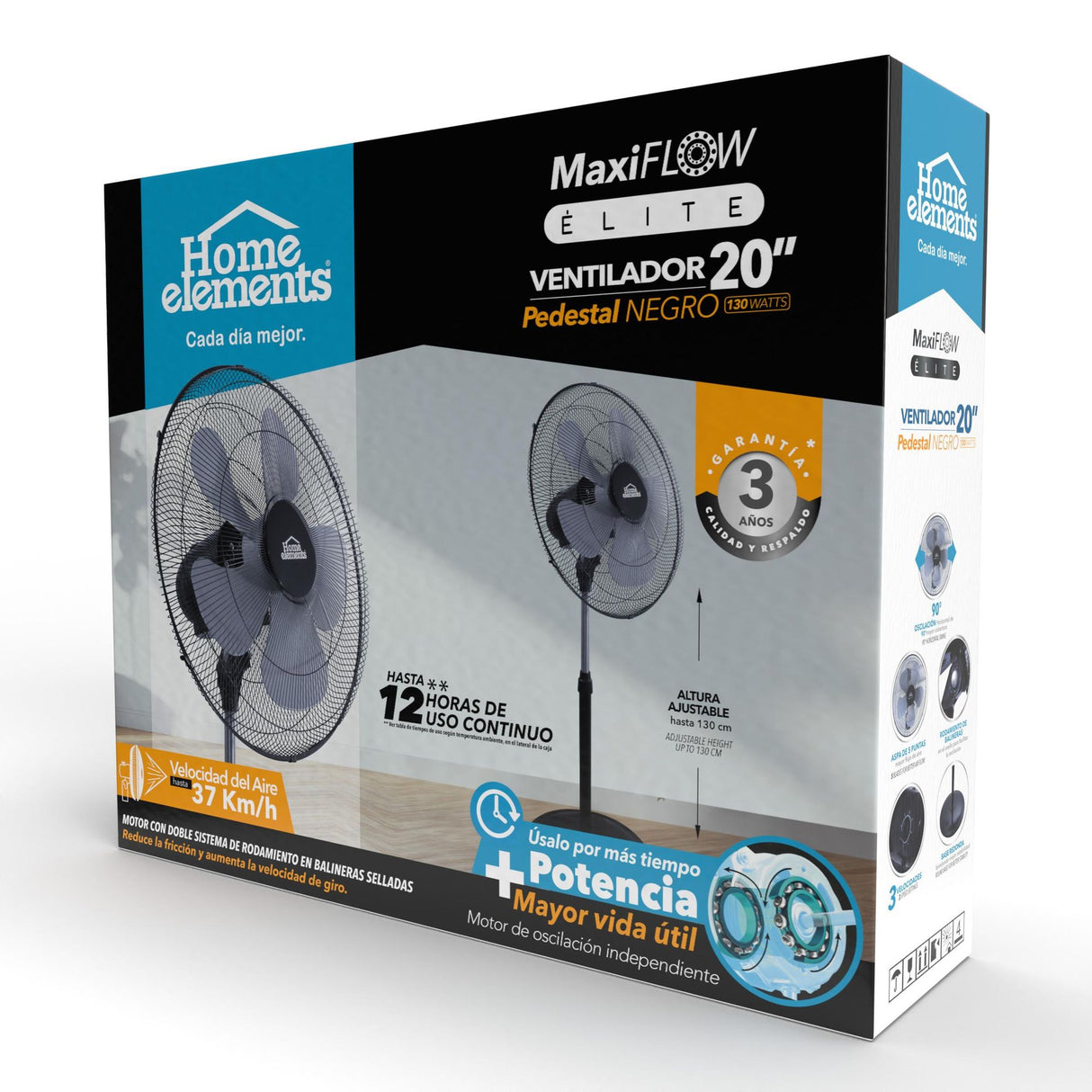 Ventilador de Piso MaxiFlow Elite Negro 48.5x130cm de Tres Velocidades con Oscilación - VENTILADORES | Bylmo